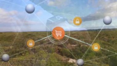 Manzara üzerindeki bağlantıların ve zeki görünüşlü beyaz adamın animasyonu. Sosyal medya, bağlantılar, iletişim ve teknoloji konsepti dijital olarak oluşturulmuş video.