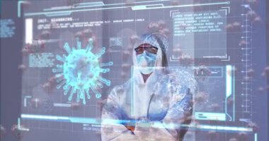 Coperid 19 hücresinin animasyonu ve beyaz takım elbiseli beyaz erkek sıhhiyecinin verileri. küresel covid 19 salgın, sağlık hizmetleri ve veri işleme konsepti dijital olarak oluşturulmuş video.