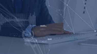Animation of network of connections over hands of caucasian businessman working. global business, connections and technology concept digitally generated video.