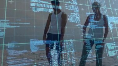 Animation of digital screen with data processing over caucasian woman and man practicing yoga. sport, recreation, active lifestyle and technology concept digitally generated video.