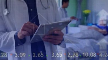 Animation of data processing over caucasian doctor with patient. Global medicine, technology, data processing and digital interface concept digitally generated video.