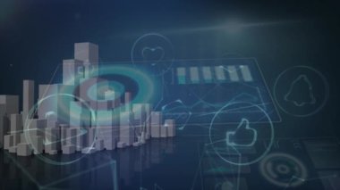 Şehirdeki simgelerle bağlantı ağının animasyonu. küresel iş, bağlantılar ve dijital arayüz konsepti dijital olarak oluşturulmuş video.