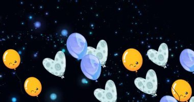 Siyah arka planda üzerinde noktalar olan balonların ve kalplerin animasyonu. doğum günü, yeni yıl ve dijital olarak üretilen video konsepti.