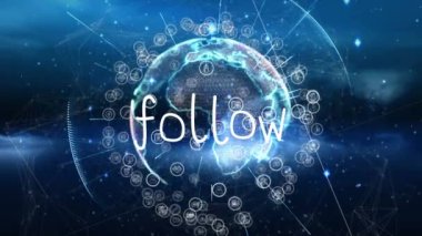 Dünya üzerinde takip metninin animasyonu. küresel iş, finans, bağlantılar ve dijital arayüz konsepti dijital olarak oluşturulmuş video.