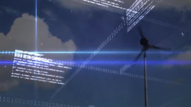 Rüzgar türbini üzerinde veri işleme animasyonu. küresel iş, ekoloji ve dijital arayüz kavramı dijital olarak oluşturulmuş video.