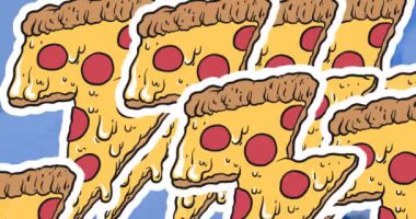 Kafkas erkek diş hekiminin beyaz adamı tedavi etmesi üzerine pizza ikonlarının ve pizza günü mesajlarının animasyonu. küresel tıp ve iş konsepti dijital olarak üretilen video.