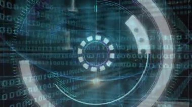 Binary coding data processing and round scanner against close up of a globe on black background. global networking and technology concept
