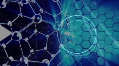 Bilimsel verilerin animasyonu, siyah ve mavi arkaplan üzerindeki oklar ve bağlantılar. Bilim, biyoloji, bağlantılar ve teknoloji konsepti dijital olarak oluşturulmuş video.