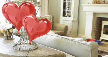 Boş oturma odasının üzerinde kalp balonlarının canlandırılması. ev ve dijital arayüz kavramı dijital olarak oluşturulmuş video.