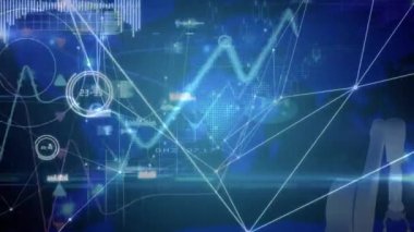 Animation of network of connections with icons over globe. Global digital interface technology and networking concept digitally generated video.