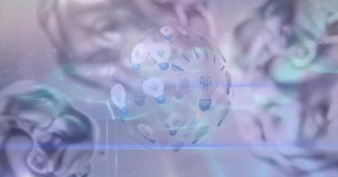 Mavi bulutların üzerindeki keskin nişancı küresinin animasyonu. Küresel bilim, bağlantılar, veri işleme ve dijital arayüz kavramı dijital olarak oluşturulmuş video.