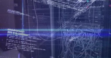 Binary coding and stock market data processing against close up of a computer server. global economy and business data storage technology concept