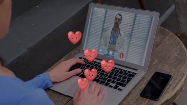 Animation Falling Hearts Person Having Video Chat Global Connections Data — 비디오