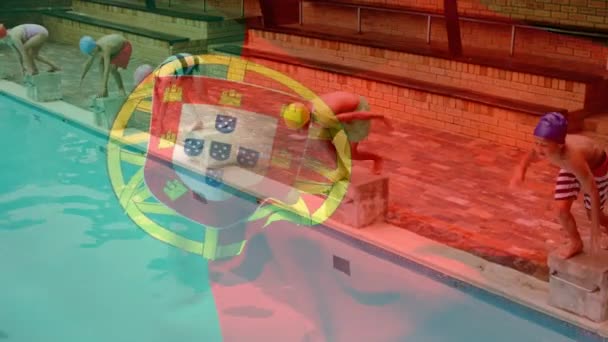 Animation Flag Portugal Happy Caucasian Friends Having Fun Swimming Pool — Stock videók