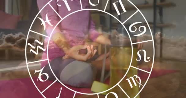 Circle Zodiac Signs Biracial Women Practicing Yoga Horoscope Yoga Meditation — Stockvideo