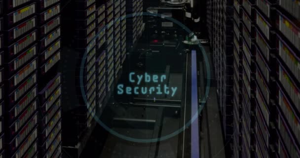 Texto Segurança Cibernética Sobre Scanner Redondo Contra Sala Servidor Computador — Vídeo de Stock