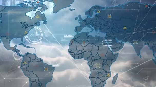 Animacja Przetwarzania Danych Pomocą Znaczników Mapie Świata Globalne Połączenia Sieci — Wideo stockowe