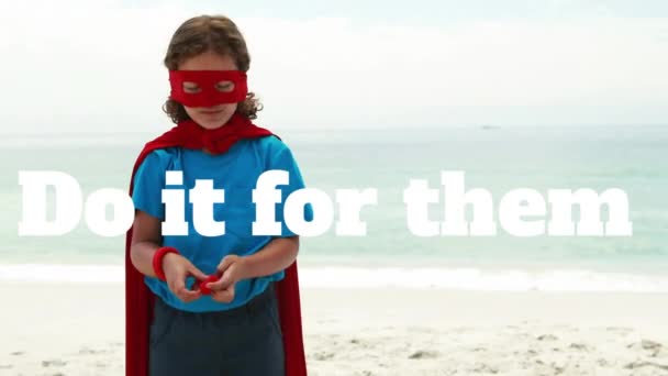Animation Them Happy Caucasian Boy Superhero Mask Beach Staying Home — Stock Video