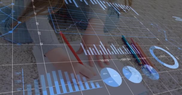 Animation Financial Data Graphs Hands Caucasian Girl Drawing Economy Finance — Vídeo de Stock