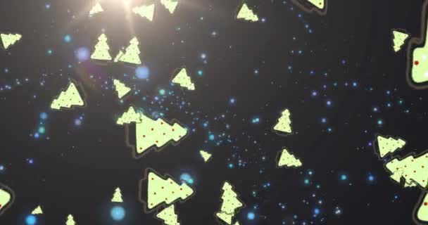 Animation Glowing Spots Christmas Trees Falling Black Background Winter Christmas — Stock Video