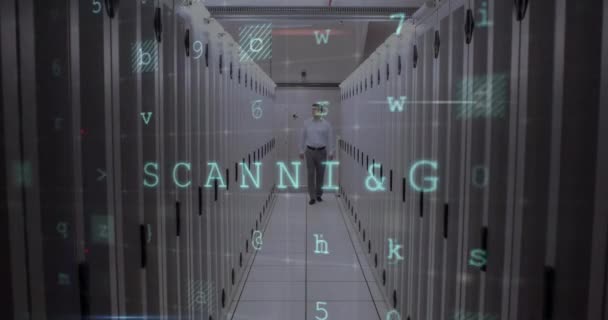 Animation Virus Scanning Caucasian Man Checking Servers Internet Security Data — Vídeo de Stock