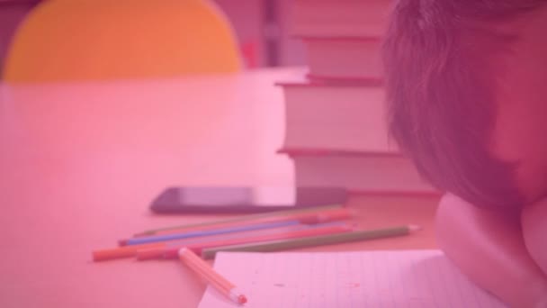 Animation Math Formulas Caucasian Boy Sleeping Desk School School Education — Stockvideo