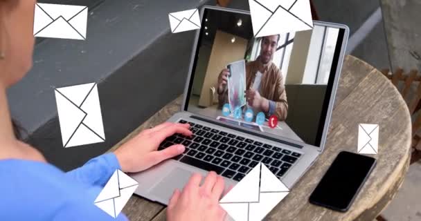 Animation Email Envelope Icons Falling Caucasian Businesswoman Laptop Video Call — 비디오
