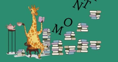 Animation of literacy month text over giraffe reading books icons. National literacy month and celebration concept digitally generated video.