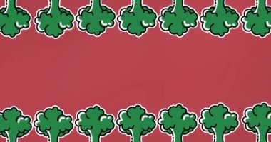 Kırmızı arka planda brokoli simgelerinin canlandırılması. Küresel ekoloji, organik ve dijital arayüz kavramı dijital olarak oluşturulmuş video.