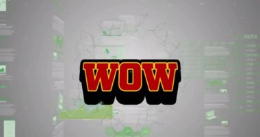 Veri işleme ve şekillerin üzerinde wow metnin animasyonu. küresel sosyal medya, veri işleme ve dijital arayüz kavramı dijital olarak oluşturulmuş video.