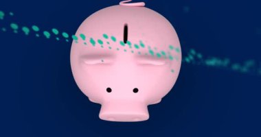 Donanma arkaplanındaki finans grafiklerinin üzerindeki kumbara animasyonu. Finans, ekonomi, tasarruf ve ev bütçesi konsepti dijital olarak oluşturulmuş video.