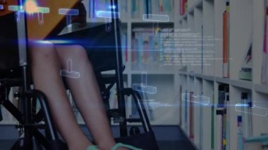 Animation of dna strand over disabled caucasian schoolgirl learning in library. global education, connections and digital interface concept digitally generated video.