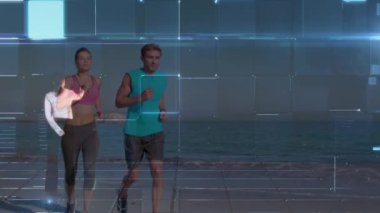 Veri işleme animasyonu ve beyaz bir iş kadını plajda koşan beyaz bir çift üzerinde. sağlık, fitness ve dijital arayüz kavramı dijital olarak oluşturulmuş video.