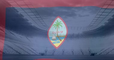 Spor stadyumunun üzerinde Guam bayrağı animasyonu. Küresel spor ve dijital arayüz kavramı dijital olarak oluşturulmuş video.