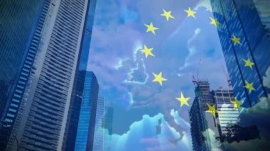 Animation of european union flag and map over cityscape. European union concept digitally generated video.