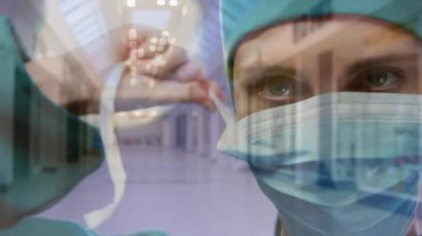 Beyaz kadın cerrahın yüz maskesi taktığı koridorun animasyonu. sağlık, ilaç, kazalar ve şehir hayatı konsepti dijital olarak oluşturulmuş video.