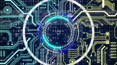 Donanma arkaplanındaki entegre devre ve veri işleme çemberinin animasyonu. küresel ağ, veri işleme, iletişim ve teknoloji konsepti dijital olarak oluşturulmuş video.