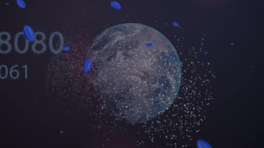 Siyah zemin üzerinde numaralar, toplar ve DNA animasyonu. Bilim, insan biyolojisi ve finans konsepti dijital olarak üretilen video.