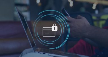 Animation of credit card icon over caucasian businessman using smartphone in office. Global business and digital interface concept digitally generated video.