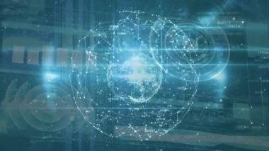 Sunucu odasındaki bağlantı ve veri işleme ağının animasyonu. küresel iş ve dijital arayüz kavramı dijital olarak oluşturulmuş video.