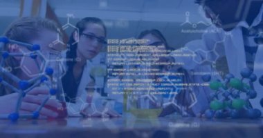 Laboratuvardaki çeşitli öğrencilerin veri işleme animasyonları. küresel bilim ve dijital arayüz kavramı dijital olarak oluşturulmuş video.