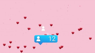 Düşen kalplerin canlandırması ve pembe üzerine sosyal medya simgeleri. Sevgililer Günü kutlaması, romantizm ve iletişim teknolojisi konsepti dijital video üretimi.