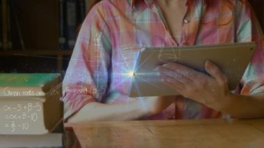 Mathematical equations against caucasian female student using digital tablet at college library. Education and college concept