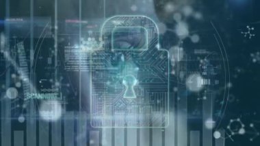Animation of scanning, virus alert, padlock and data over molecules and eye of caucasian woman. virtual reality, data safety and technology concept digitally generated video.