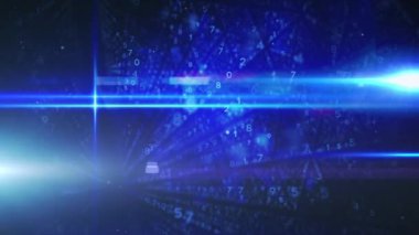 Siyah zemin üzerinde veri işleme üzerinde ışık izlerinin animasyonu. Küresel teknoloji, veri işleme ve dijital arayüz kavramı dijital olarak oluşturulmuş video.