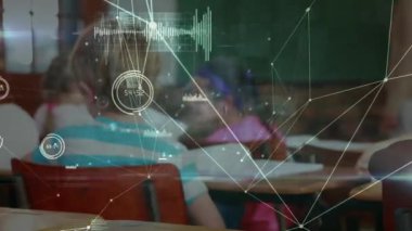 Çeşitli öğrencilerin bayan öğretmenle olan bağlantılarının animasyonu. Dijital olarak oluşturulan öğrenim ve eğitim konsepti.