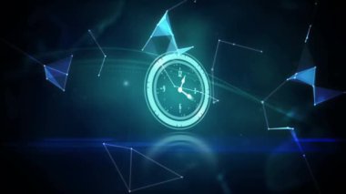 Şekiller üzerinde hareket eden saatin animasyonu. küresel iş, finans, bağlantılar ve dijital arayüz konsepti dijital olarak oluşturulmuş video.