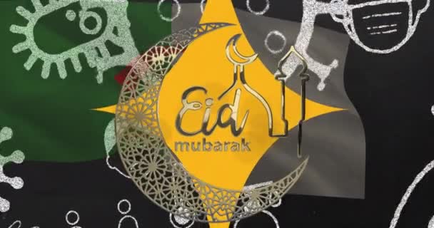 Animación Eid Mubarak Sobre Iconos Virus Bandera Algeria Eid Celebración — Vídeos de Stock