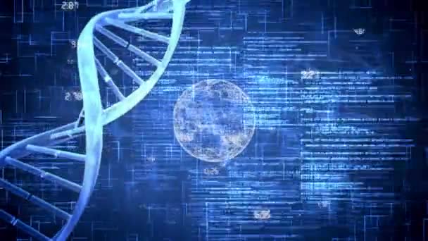 青色の背景にDna データ処理のアニメーション ヒトゲノム データ処理 テクノロジーの概念がデジタルで生成されたビデオ — ストック動画