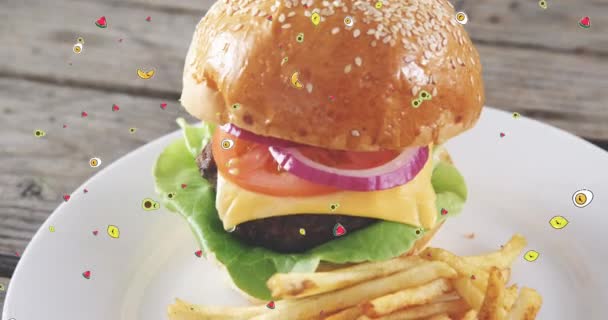 Анімація Падіння Їжі Бургері Чіпсах Всесвітній День Їжі Харчування Дієта — стокове відео